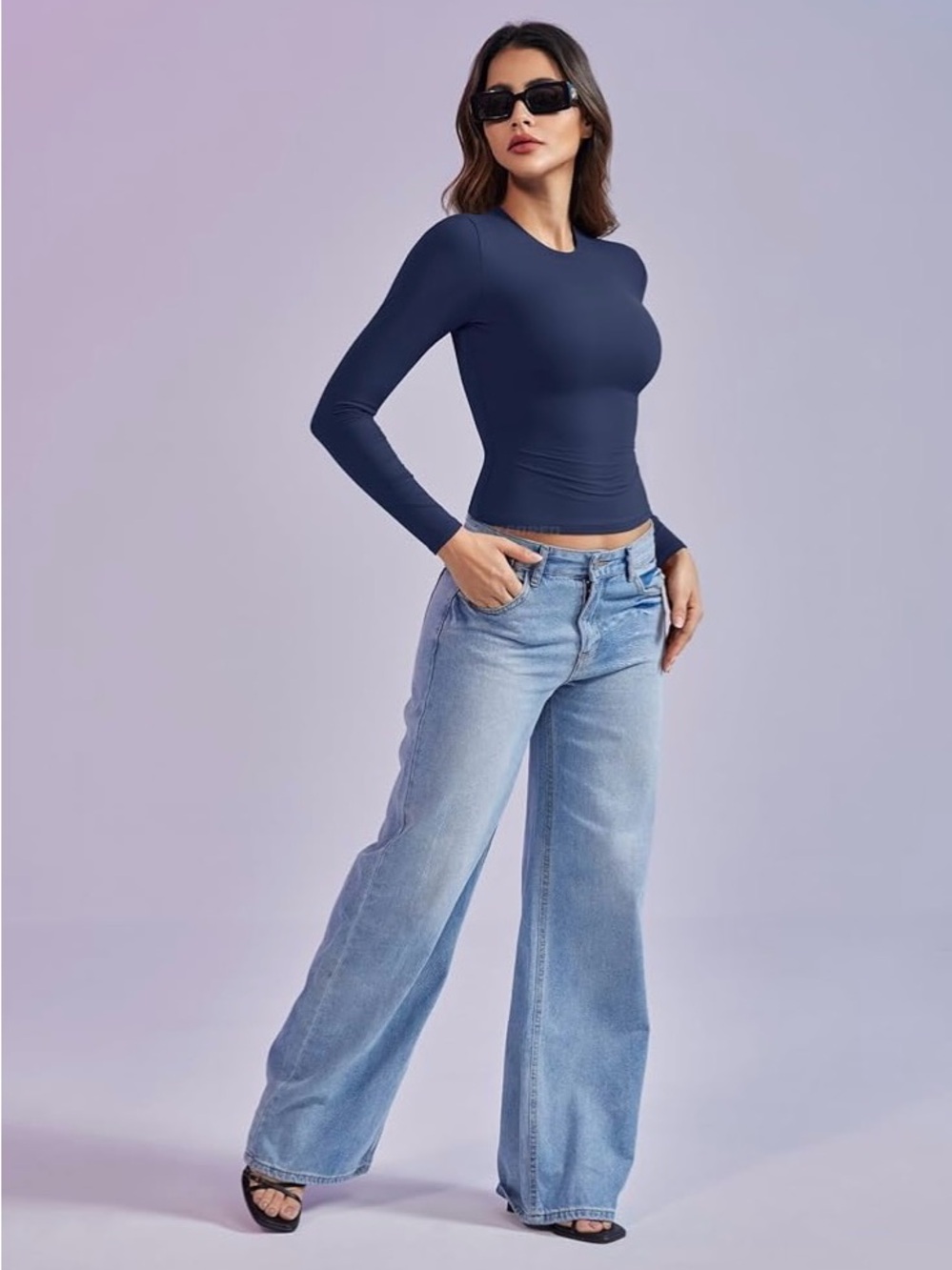 Women’s Navy Blue Long Sleeve Crewneck Top Spandex and Polyester